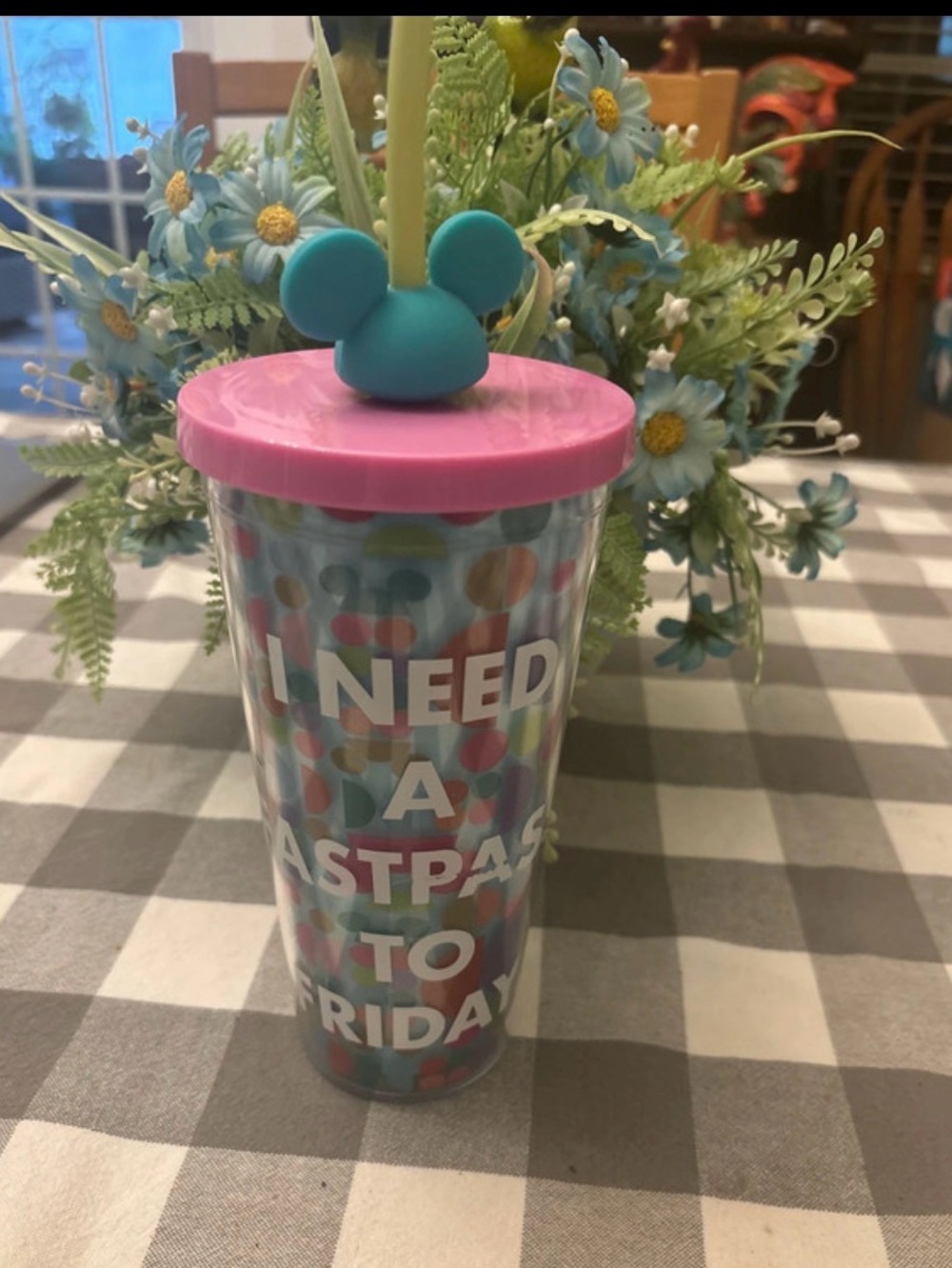Retired Disney Tumbler with Blue Mouse-Ear Straw Topper